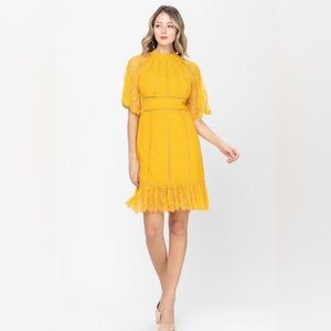 Women's mustard Yellow Lace Trim Fit & Flare Dress